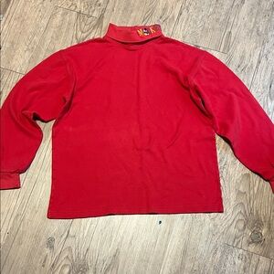 Red Long-Sleeve Turtleneck Top with Embroidered Neck Detail